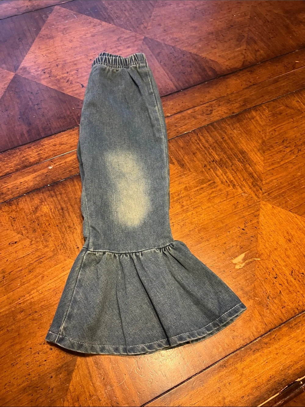 SHEIN Washed Blue Ruffle Hem Girls Denim Pants